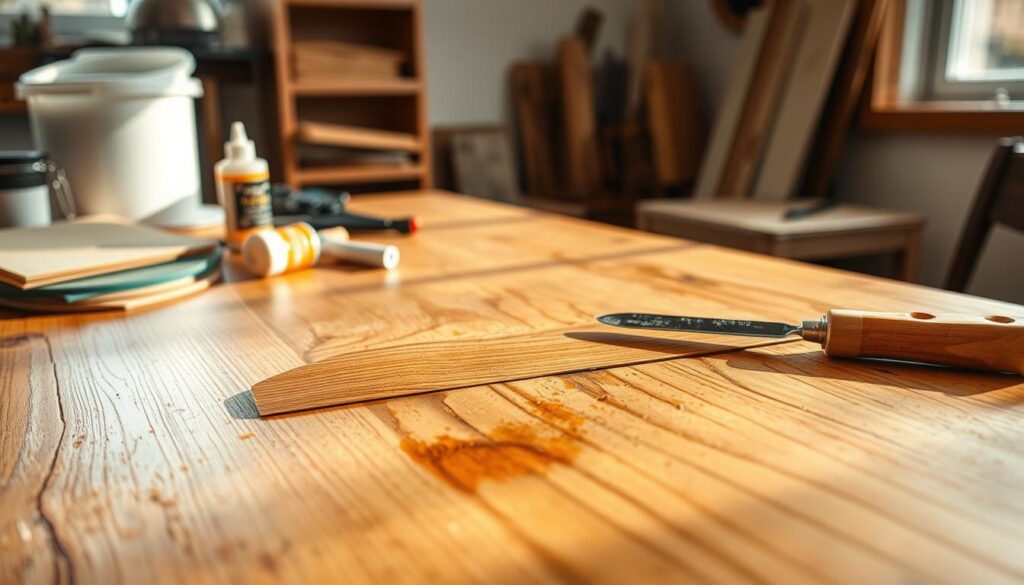 A well-organized workspace featuring a wooden table with a close-up view of repairing scratches on furniture. In the foreground, tools such as sandpaper, wood filler, and a putty knife are neatly arranged, showcasing their professional use. The middle ground displays a partially repaired wooden surface, highlighting the carpenter's skill in blending finishes for a seamless look. In the background, soft natural light filters through a nearby window, creating a warm and inviting atmosphere with gentle shadows cast on the surface. The scene conveys a sense of tranquility and craftsmanship, perfect for DIY enthusiasts and professionals alike.