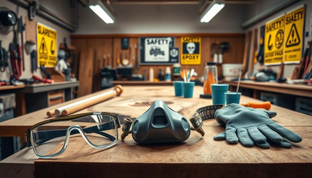 A well-organized workspace featuring safety gear for epoxy application on wood. In the foreground, display a pair of sturdy safety goggles, a dust mask, and durable gloves neatly arranged on a workbench. In the middle ground, showcase a wooden slab with natural voids, surrounded by various epoxy materials, including mixing cups and stir sticks. The background should depict a well-lit workshop, with walls lined with tools and safety posters emphasizing the importance of personal protective equipment. Illuminate the scene with soft, overhead lighting to create a warm and focused atmosphere, capturing the essence of a safe, professional workspace. Use a slightly elevated angle to provide a comprehensive view, ensuring all safety items are clearly visible and emphasized.