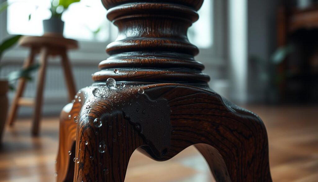 An artistic representation of moisture's impact on wood furniture legs, focusing on the lower part of a beautifully crafted antique wooden table leg. In the foreground, droplets of water cling to the intricately carved wood, reflecting light in a subtle sheen. The middle layer showcases the grain of the wood, slightly darkened and warped, illustrating the damage caused by prolonged exposure to moisture. In the background, a blurred, softly lit room with a hint of greenery, suggesting a humid environment. The lighting is diffused, creating a moody atmosphere that highlights the contrast between the rich warm tones of the wood and the coolness of the moisture. The image should convey a sense of urgency in protecting furniture from moisture, capturing its delicate yet destructive nature.