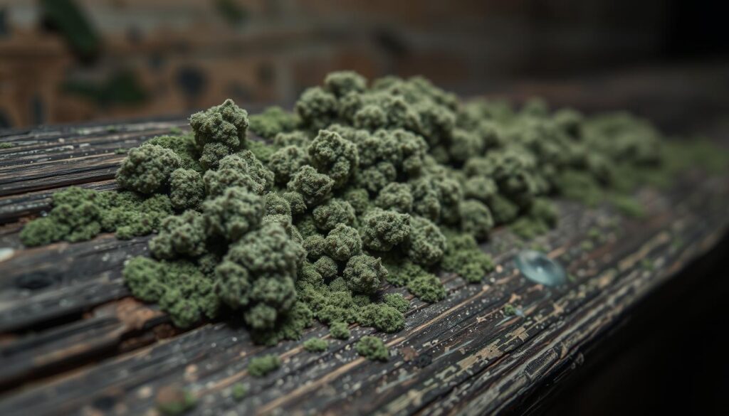 An up-close image of mold growth on a wooden surface, showcasing intricate details of greenish-black spores spreading across weathered wood. The foreground reveals the textured, rough surface of the wood grain, with visible damp patches indicating moisture. In the middle, clusters of mold exhibit varied shapes and sizes, some fluffy, others slimy, illustrating the complexity of the growth. The background is softly blurred, with hints of a shadowy, dimly lit environment to create a sense of discomfort associated with mold. Soft, diffused lighting highlights the mold’s textures while casting subtle shadows, enhancing the eerie and unsettling atmosphere of an infested area. The angle is slightly tilted to emphasize the depth of the mold's intrusion, drawing the viewer's attention to the importance of identification.