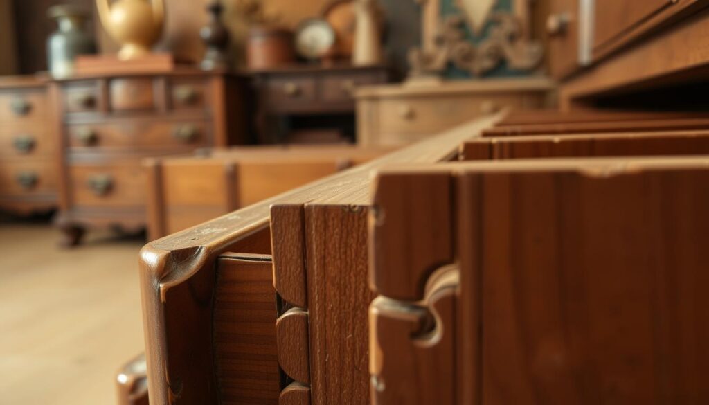 An up-close view of intricately crafted dovetail joints in old dresser drawers. In the foreground, showcase the interlocking wooden joints, emphasizing the precision of the cuts and the grain of the aged wood. In the middle ground, include partially opened drawers to reveal the dovetail joints clearly, allowing a glimpse of the interior structure. In the background, softly blurred vintage furniture pieces can be seen, creating a warm, inviting atmosphere. Warm, natural lighting highlights the textures and details of the wood, enhancing the nostalgic feel. The angle of the shot is slightly tilted to create depth, inviting the viewer to appreciate the craftsmanship of these classic joints.