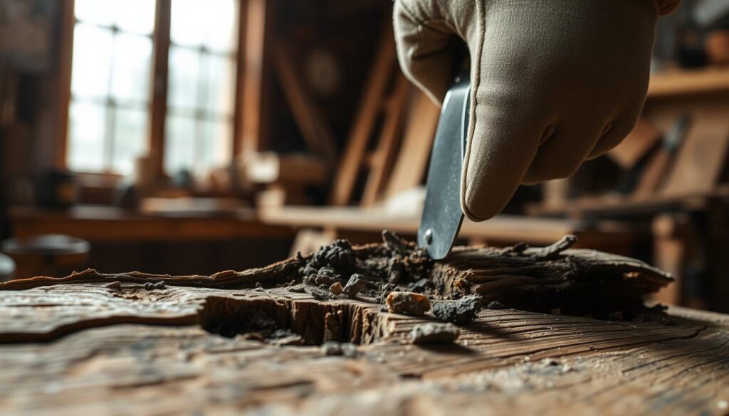 Close-up view of a piece of rotted wood, showcasing intricate details of decay, such as soft, crumbling edges and dark, moldy patches. The foreground reveals splintered grains and visible fungal growth, highlighting the damage and texture of the wood. In the middle ground, a carpenter’s hand gently probes the rotting wood with a small chisel, wearing a modest work glove, illustrating assessment of the damage. The background features a softly blurred workshop, dimly lit with warm, natural light filtering through a nearby window, creating an inviting yet serious atmosphere. The overall mood is one of careful examination, conveying the importance of identifying wood rot for effective repair. Close-up view of a piece of rotted wood, showcasing intricate details of decay, such as soft, crumbling edges and dark, moldy patches. The foreground reveals splintered grains and visible fungal growth, highlighting the damage and texture of the wood. In the middle ground, a carpenter’s hand gently probes the rotting wood with a small chisel, wearing a modest work glove, illustrating assessment of the damage. The background features a softly blurred workshop, dimly lit with warm, natural light filtering through a nearby window, creating an inviting yet serious atmosphere. The overall mood is one of careful examination, conveying the importance of identifying wood rot for effective repair.