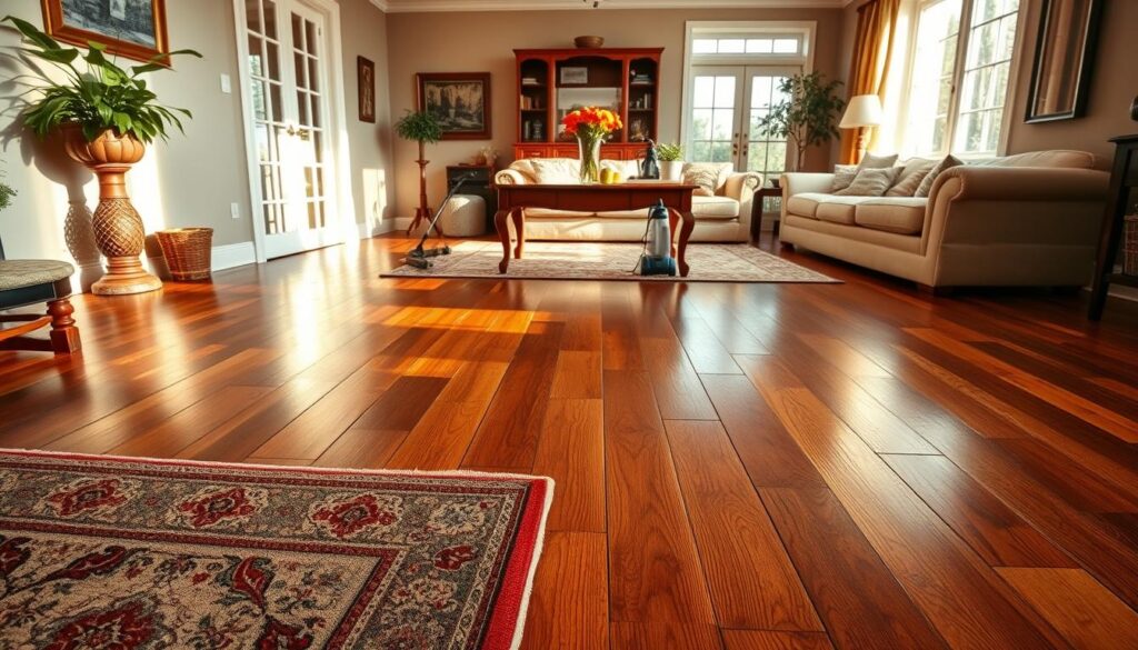 A beautifully arranged interior scene featuring rich, polished hardwood floors that gleam under warm, natural light. In the foreground, a decorative area rug sits elegantly on the floor, adding texture and warmth. In the middle ground, a traditional wooden table with some potted plants and cleaning supplies like a steam cleaner can be seen, indicating a cautious approach to cleaning. The background showcases a cozy living room setting with soft furnishings and ambient light coming through large windows, creating a peaceful and inviting atmosphere. The overall mood reflects concerns regarding the maintenance of wood surfaces, emphasizing both elegance and caution. Use a wide-angle lens to capture the full ambiance and the rich wood grain of the floors, highlighting their beauty while hinting at the associated cleaning risks.