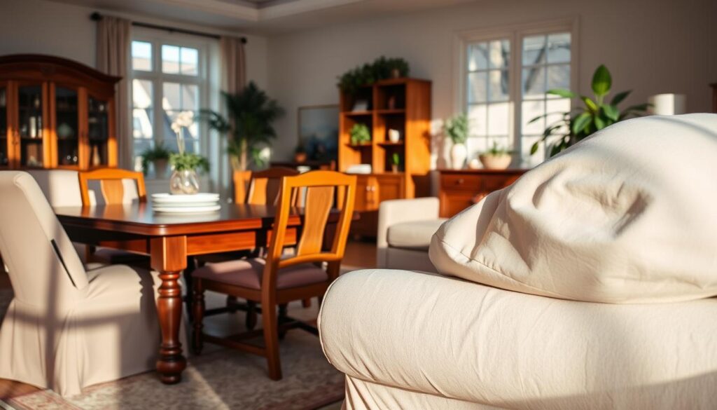 A beautifully arranged living room featuring various indoor wood furniture pieces, such as a polished mahogany dining table, elegant oak chairs, and a classic walnut bookshelf. These pieces are partially covered with stylish, well-fitted furniture covers made from high-quality, breathable fabric, showcasing a blend of muted tones like soft beige and gentle gray. In the foreground, a close-up shot highlights the texture of the fabric and the contours of the furniture beneath. The middle ground captures a cozy ambiance with warm, diffuse lighting coming from large windows, creating soft shadows that enhance the scene. The background features houseplants and decorative items, adding to the inviting atmosphere. The overall mood is serene and refined, emphasizing the protective yet aesthetic importance of furniture covers for wood pieces.