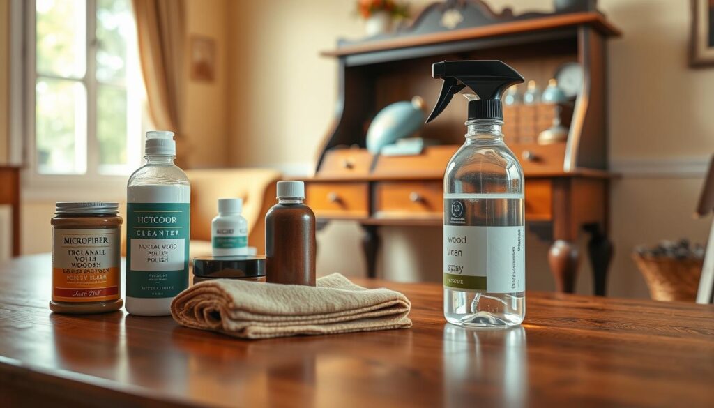 A beautifully arranged wood furniture cleaning kit displayed on a polished wooden table. In the foreground, a selection of professional cleaning tools: microfiber cloths, natural wood polish, and a spray bottle filled with a gentle cleaner, are meticulously organized. In the middle ground, a pair of gloved hands gently applying polish to a vintage desk, showcasing the sheen and texture of the wood. The background features a softly lit room with warm, inviting colors, where natural light filters through a window, creating a serene atmosphere. The scene is shot from a slightly elevated angle to capture the kit and the cleaning in action, emphasizing a sense of craftsmanship and care in wood furniture maintenance.