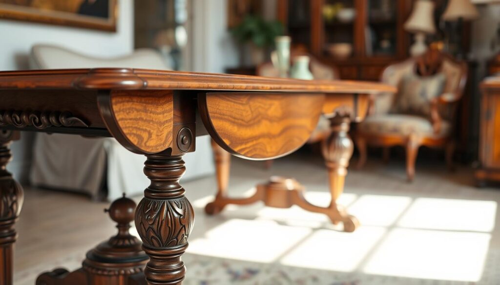 A beautifully crafted antique table with an elegant, polished wood surface, showcasing a detachable leaf positioned to one side. The foreground features intricate carvings on the table legs, with a close-up of the grain pattern on the leaf, highlighting its craftsmanship and attention to detail. In the middle, the focus is on the table set in a well-lit room, with soft, natural light streaming through a nearby window, casting gentle shadows. The background includes softly blurred furniture and decor that reflect a vintage style without distracting from the table, creating a warm and inviting atmosphere. The room should evoke a sense of nostalgia and appreciation for fine craftsmanship, with a depth of field effect emphasizing the table as the main subject.