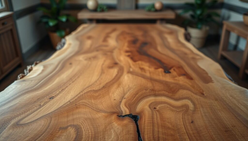 A beautifully crafted live edge table made from a large, natural slab of wood, featuring striking grain patterns and preserved bark edges. Foreground: a close-up view showcasing the rich texture of the wood surface, emphasizing the intricate details of the grain and the smooth, glossy finish from recent oiling. Middle ground: the entire table positioned centrally, with soft, natural lighting illuminating the wood grain and highlighting the unique, organic shape of the table. Background: a rustic setting, featuring soft-focus accents of greenery and neutral tones to create a warm, inviting atmosphere. The mood conveys elegance and craftsmanship, focusing on the natural beauty of the live edge and the care taken in its preservation. No text or distractions.
