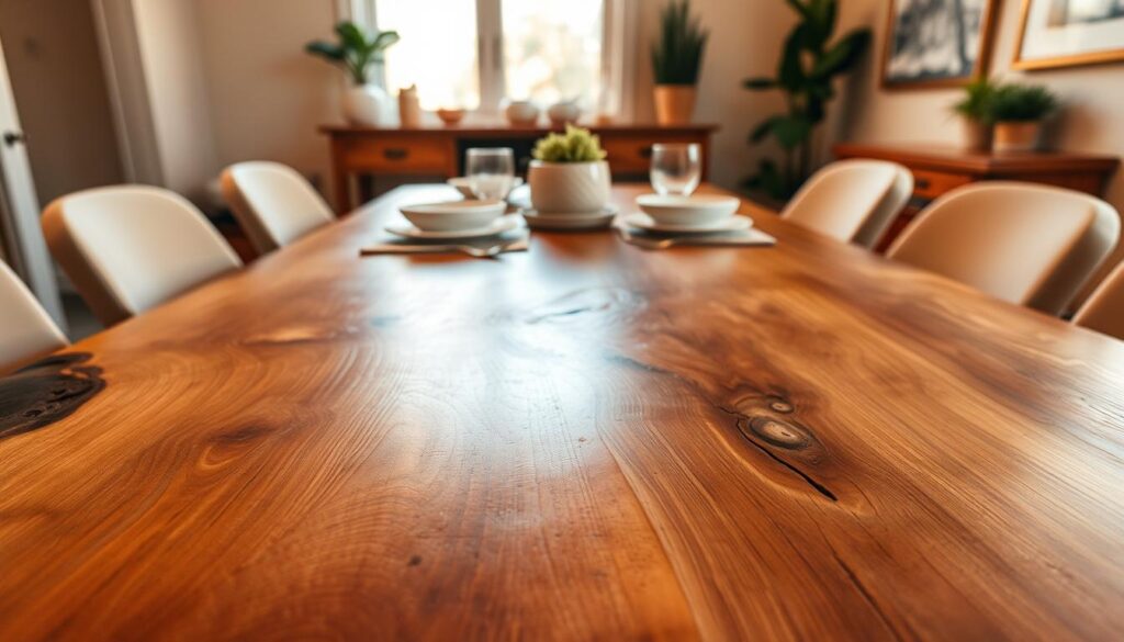 A beautifully crafted live edge table, showcasing its natural wood grains and unique bark edges, sits in a warm, inviting dining room. The foreground features the table with a polished surface, reflecting soft ambient light. A gentle hint of mineral oil glistens on the wood, emphasizing the care that has been taken to preserve it. In the middle, a soft, neutral-toned table setting includes elegant plates and cutlery, creating a homey yet sophisticated feel. The background reveals cozy decor, such as potted plants and muted artwork on the walls, enhancing the serene atmosphere. The lighting is warm and natural, casting a golden hue over the scene, creating a tranquil mood that symbolizes daily care and love for the table.