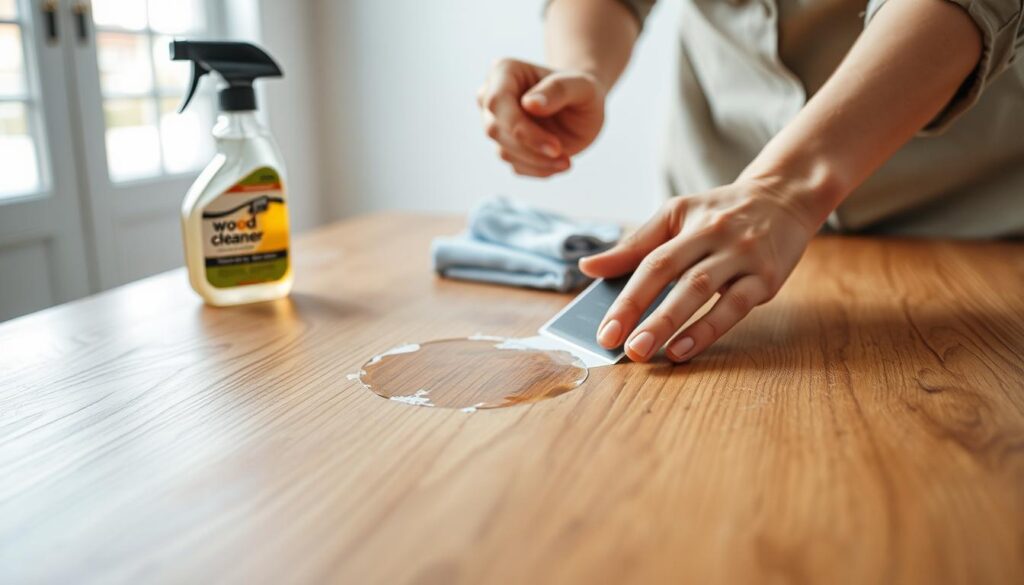 A clean wooden surface with a partially removed sticker showing residue beneath, focusing on the texture of the wood and the sticky area. In the foreground, a pair of hands in modest casual attire gently scrapes away at the residue with a plastic scraper, emphasizing careful technique to avoid scratching. The middle ground features a spray bottle labeled 'wood cleaner' and a soft cloth ready for use, illustrating the prep needed for effective residue removal. The background is softly blurred, highlighting a well-lit room with natural light streaming in from a nearby window, creating a calm and professional atmosphere for a DIY setting. The overall mood is focused and informative, conveying a sense of care and attention to detail. A clean wooden surface with a partially removed sticker showing residue beneath, focusing on the texture of the wood and the sticky area. In the foreground, a pair of hands in modest casual attire gently scrapes away at the residue with a plastic scraper, emphasizing careful technique to avoid scratching. The middle ground features a spray bottle labeled 'wood cleaner' and a soft cloth ready for use, illustrating the prep needed for effective residue removal. The background is softly blurred, highlighting a well-lit room with natural light streaming in from a nearby window, creating a calm and professional atmosphere for a DIY setting. The overall mood is focused and informative, conveying a sense of care and attention to detail.