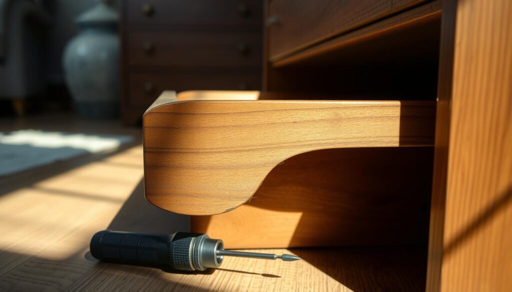 A close-up, detailed view of a sagging wooden drawer bottom illuminated by soft, natural lighting that casts gentle shadows. The focus is on the concave shape of the drawer bottom, showcasing the wood grain texture, wear, and slight damage from long-term use. Surrounding the drawer is a softly blurred furniture setting, including a sturdy dresser in the background. In the foreground, a tool, such as a screwdriver, rests beside the drawer, symbolizing repair. The atmosphere is warm and informative, conveying a sense of home care. The angle should be slightly elevated, emphasizing the drawer's failure, while avoiding any extraneous elements or distractions in the composition.