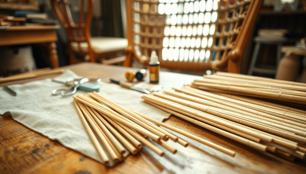 A close-up image of replacement cane reeds neatly arranged on a wooden workbench, highlighting their texture and natural patterns. In the foreground, focus on a few reeds placed on a piece of light-colored fabric, emphasizing their slenderness and flexibility. In the middle, include essential tools for cane seating repair, such as scissors, a small measuring tape, and a glue bottle, scattered artistically but organized. The background should feature a soft-focus view of a vintage wooden chair with partially stripped cane, suggesting an ongoing repair project. The lighting is warm and inviting, creating a cozy workshop atmosphere that feels both professional and personal. Capture this scene from a slightly elevated angle to showcase depth and craftsmanship, reflecting the delicate art of wicker repair.