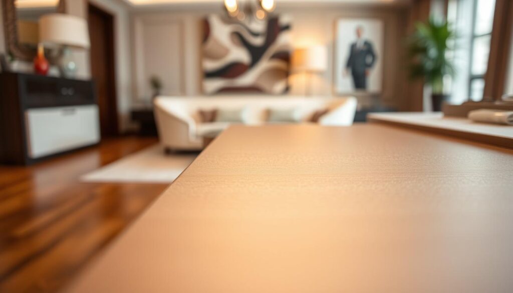 A close-up of a beautifully crafted satin finish on a modern furniture piece, showcasing a smooth, reflective surface that subtly catches light. In the foreground, the rich texture of the satin finish is highlighted, revealing its soft sheen and luxurious quality. The middle ground features a soft-focus background of an elegantly designed room with muted colors that complement the satin's rich appearance. Warm, diffuse lighting enhances the refined contrasts and depth of the finish, creating an inviting atmosphere. The angle captures both the intricate details of the texture and the overall elegance, emphasizing the importance of care in maintaining its pristine look.