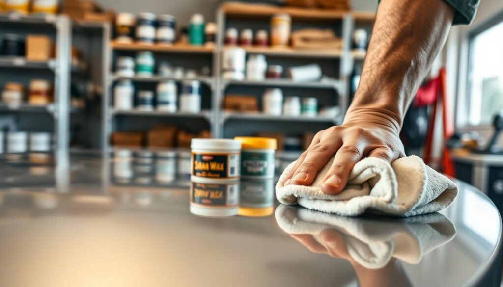 A close-up scene of a skilled professional polishing satin paint on a smooth surface, focusing on their hands working deftly with a soft cloth. The foreground highlights the glossy texture of the satin finish, reflecting the light with a subtle sheen. In the middle, a well-organized workspace is visible; containers of shine-enhancing products, like polishing wax and microfiber cloths, are neatly arranged. The background features blurred shelves filled with paint cans and tools, establishing an atmosphere of an immaculate workshop. Soft, diffuse lighting illuminates the scene, creating a warm and focused ambiance, emphasizing the care needed for maintaining a flawless satin finish. Capture the essence of diligence and craftsmanship in this professional setting.