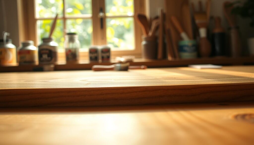 A close-up shot of a beautifully finished wooden surface showcasing a hardwax oil finish. The wood, with its rich, warm tones and distinct grain patterns, glistens softly under diffused natural light. The foreground highlights the texture of the oil finish, emphasizing its smoothness and durability, while subtle reflections of light dance across the surface. The middle ground includes a gently blurred artisan’s workbench adorned with oil cans and brushes, suggesting craftsmanship. In the background, softly focused greenery through a window adds a serene atmosphere, enhancing the theme of natural materials. The overall mood evokes warmth, tranquility, and the elegance of modern wood protection techniques. Use a shallow depth of field for a soft bokeh effect, creating an inviting, professional feel.