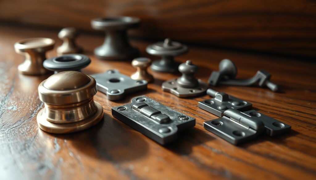 A close-up shot of an assortment of metal knobs and hinges on a richly grained wooden surface, showcasing their intricate details. The foreground features a polished brass knob with a reflective sheen, next to a vintage iron hinge with a patina of age. The middle layer reveals more knobs and hinges, each varying in design and finish, arranged in a semi-circle. The background consists of a softly blurred wood grain texture, hinting at an elegant piece of furniture. Natural lighting filters in from the left, casting gentle shadows and highlighting the textures, while a shallow depth of field emphasizes the hardware. The atmosphere is calm and inviting, ideal for a meticulous assessment before cleaning.