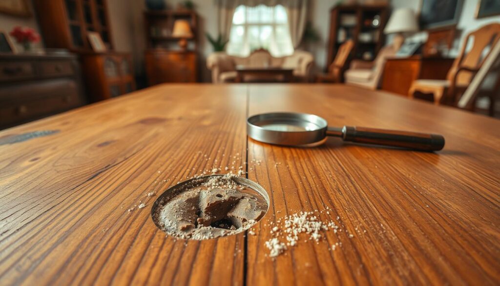 A close-up view of a beautifully crafted wooden table, with intricate grain patterns, showing early signs of termite and woodworm infestation. In the foreground, highlight small holes and galleries in the wood, with some fine sawdust scattered around, emphasizing the damage. In the middle ground, include a magnifying glass positioned over the affected area to symbolize the need for inspection. The background consists of a softly lit, inviting room with warm tones, showcasing various wood furniture pieces, creating an atmosphere of awareness and vigilance. Use soft, diffused lighting to cast gentle shadows, enhancing texture and depth, while keeping the focus on the damaged wood. The angle is slightly above the table, offering an unobstructed view of the details.