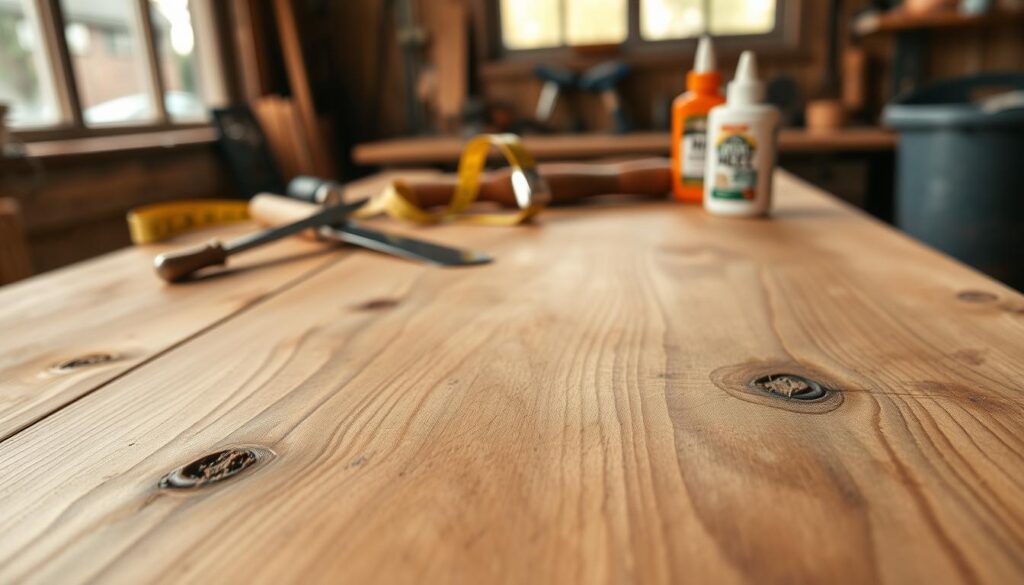 A close-up view of a beautifully weathered wood panel, showcasing its grain texture and subtle imperfections, ideal for a drawer bottom repair project. The foreground features a clean, smooth wood panel with visible knots and whorls, hinting at the character of natural wood. In the middle, include an array of carpentry tools, such as a chisel, a tape measure, and wood glue, elegantly arranged on a rustic workbench. The background should have soft, diffused natural lighting coming from a workshop window, creating a warm, inviting atmosphere. The entire scene should evoke a sense of craftsmanship and care, with a shallow depth of field to emphasize the tools and wood panel.