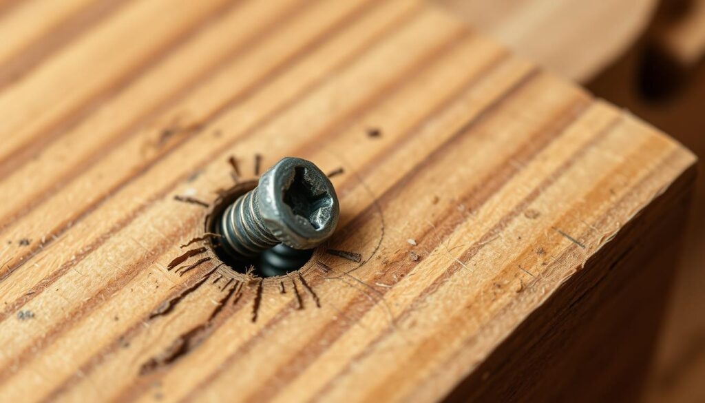 A close-up view of a stripped screw embedded in a piece of wood, illustrating the issue clearly. The screw should show visible wear on the head, emphasizing its stripped condition, with wood fibers around the hole appearing slightly frayed and discolored. The foreground features the screw prominently, while the middle ground captures the wood grain detail and texture, creating a realistic setting. The background is softly blurred to focus attention on the screw, using soft natural lighting to enhance the textures. The mood is informative and focused, ideal for illustrating a woodworking issue. The angle should be slightly above the screw to showcase the damage effectively while maintaining clarity in detail.