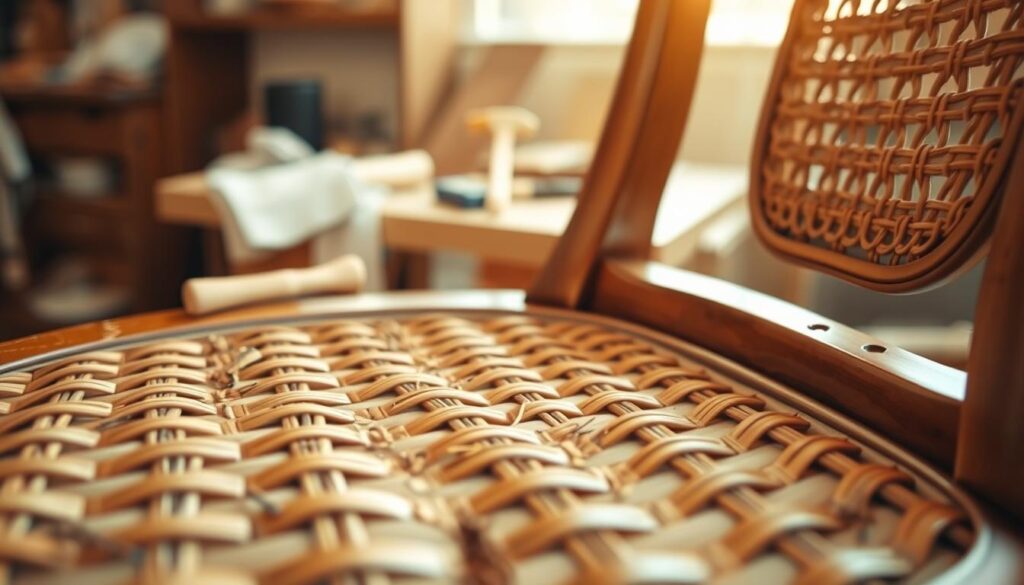 A close-up view of a wooden chair with intricate surface wicker and cane seating, showcasing various common problems. In the foreground, highlight frayed or loose wicker strands and small gaps in the cane, emphasizing signs of wear. The middle layer features the chair's polished wooden frame and detailed carvings, reflecting quality craftsmanship. The background consists of a softly blurred workshop setting with tools for repair, such as a small hammer and wicker repair supplies. The scene is illuminated by warm, diffused natural light, creating an inviting, calm atmosphere, with a shallow depth of field focusing on the chair details. The overall mood conveys a sense of care and attention to detail in furniture maintenance.