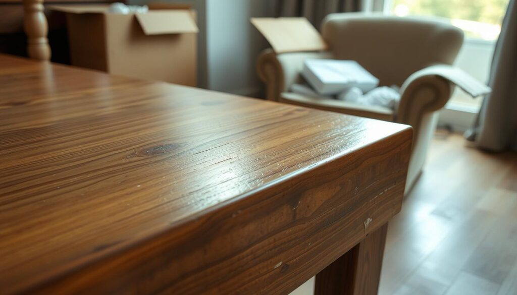 A close-up view of a wooden dining table with visible scratches, dents, and chips on the surface, illustrating furniture damage. In the foreground, a battered corner of the table showcases a deep scratch reflecting a light sheen from overhead lighting, emphasizing its worn texture. The middle ground features a plush chair with a torn upholstery, hinting at the recent move. In the background, a partially open cardboard box contains packing materials like bubble wrap and foam, alluding to the chaos of relocation. Soft, diffused lighting creates a somber and reflective mood, capturing the essence of the losses furniture can suffer during a house move. The scene is shot from a slightly elevated angle to provide depth and focus on the details of damage, ensuring the composition is cohesive and visually engaging.