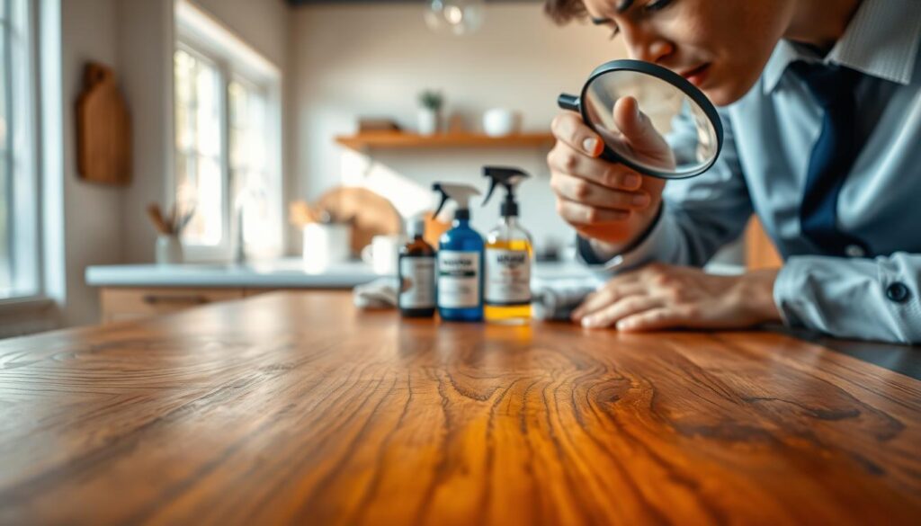 A close-up view of a wooden surface, showcasing various wood finishes like glossy, matte, and satin with rich textures. In the foreground, a person in professional attire gently inspecting the wood grain with a magnifying glass, reflecting concern and focus on potential damage. The middle ground features a well-organized cleaning setup, with gentle light reflecting off bottles of wood cleaners and towels neatly arranged. The background includes a softly blurred kitchen environment with warm, natural light streaming in, creating a calm and inviting atmosphere. The overall mood should evoke a sense of careful assessment and preparation for maintaining the beauty of wood surfaces.