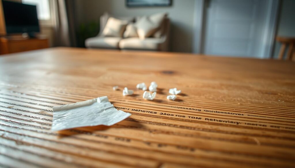 A close-up view of a wooden surface with a prominent area of sticker residue. The foreground features a textured wooden grain with visible remnants of a peeling sticker, showcasing its semi-translucent, sticky film and faint shadows cast by the uneven surface underneath. In the middle ground, a few scattered, crumpled adhesive bits are present to illustrate the struggle of removal. The background should be softly blurred, hinting at a warm, well-lit room to create an inviting atmosphere. Natural light streams in from the left, highlighting the glossiness of the residue while casting gentle shadows. The overall mood should feel informative and slightly frustrating, capturing the nuisance of sticker residue clinging stubbornly to the wood. A close-up view of a wooden surface with a prominent area of sticker residue. The foreground features a textured wooden grain with visible remnants of a peeling sticker, showcasing its semi-translucent, sticky film and faint shadows cast by the uneven surface underneath. In the middle ground, a few scattered, crumpled adhesive bits are present to illustrate the struggle of removal. The background should be softly blurred, hinting at a warm, well-lit room to create an inviting atmosphere. Natural light streams in from the left, highlighting the glossiness of the residue while casting gentle shadows. The overall mood should feel informative and slightly frustrating, capturing the nuisance of sticker residue clinging stubbornly to the wood.