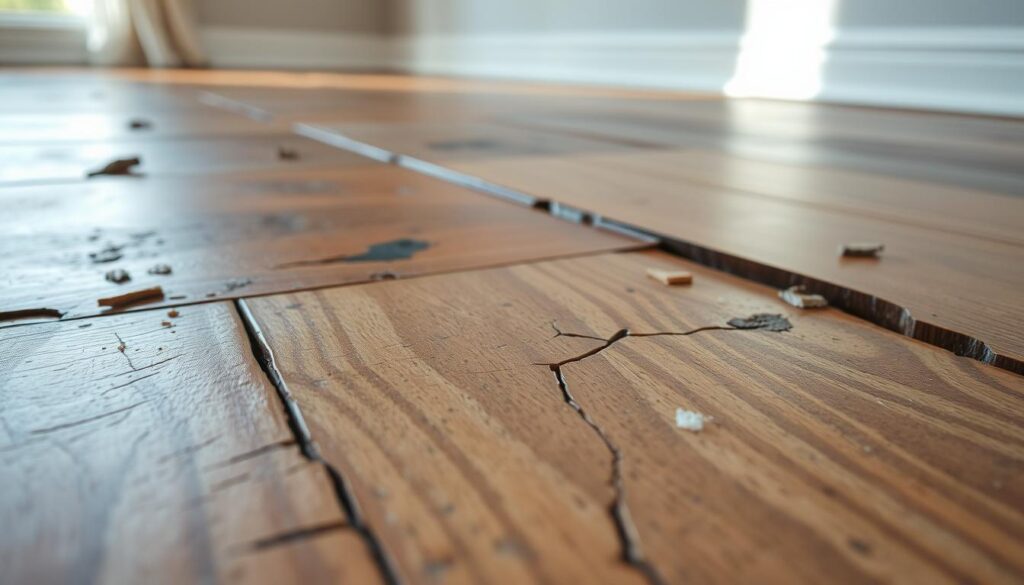 A close-up view of damaged hardwood floors caused by steam cleaning, showcasing areas with warped, discolored, and cracked wood planks. The focus is on the texture of the wood, revealing splintered edges and bubbling finishes. In the background, soft, diffuse natural light streams in from a nearby window, emphasizing the contrast between the damaged areas and well-maintained sections of the floor. The atmosphere is somber and cautionary, illustrating the risks associated with steam cleaning on wood surfaces. A slight tilt angle captures the depth of the texture, while maintaining an overall sharp focus. No humans are present in the image, ensuring that the emphasis remains solely on the damage.