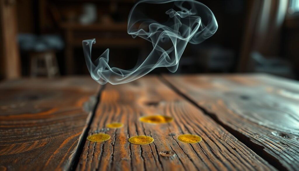 A close-up view of nicotine smoke gently swirling above a weathered wooden surface, showcasing the contrast between the light, textured wood and the dark, hazy smoke drifting through the air. The foreground features intricate wood grain patterns in shades of deep brown and orange, reflecting years of tarnish, while the smoke is illuminated by soft, ambient lighting that creates a warm, nostalgic atmosphere. In the middle ground, faded yellow stains are visible on the wood, illustrating the effects of nicotine exposure. The background remains blurred, hinting at a cozy indoor environment, enhancing the focus on the smoke and stained wood. The scene conveys a sense of melancholy and the passage of time, with a subtle play of light and shadow that emphasizes the textural details of the wood.
