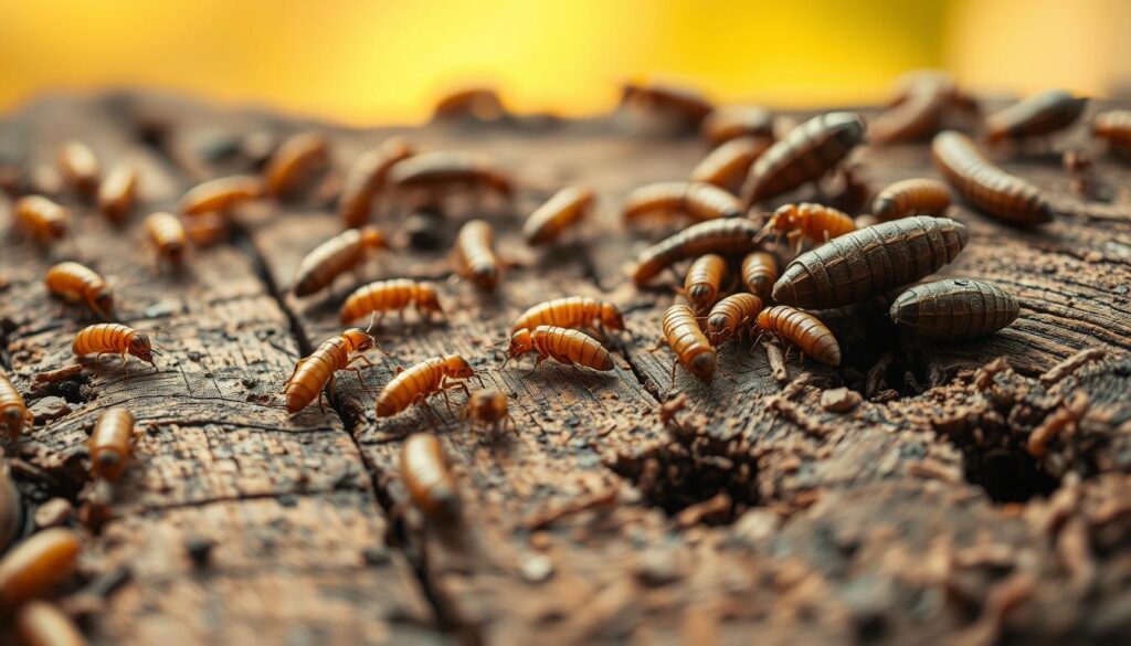 A close-up view of various wood-destroying insects, including termites and woodworms, crawling over an aged wooden surface. In the foreground, vividly detailed insects show their unique features; termites with yellowish bodies and straight antennae, woodworms showcasing their cylindrical shape and segmented bodies. The middle ground highlights rich textures of the wood, with visible burrows and damage caused by these pests. The background is softly blurred to emphasize the insects and the wood's condition, with a warm, natural light filtering through, creating a slight golden hue. The overall atmosphere is a blend of both intriguing and cautionary, emphasizing the vulnerability of wooden furniture to these hidden threats.