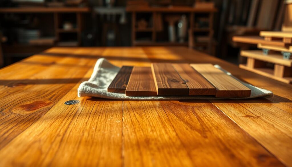 A close-up view of various wooden surfaces treated with hardwax oils, showcasing the rich textures and finishes of different wood types such as oak, pine, and walnut. The foreground features a polished oak table with glistening highlights reflecting warm, soft sunlight. In the middle, there are a few stained wood samples arranged artistically on a neutral-colored cloth, each exhibiting distinct colors and sheen variations. The background fades into a blurred workshop scene, with tools and wood shavings hinting at craftsmanship. The overall lighting is natural, creating a cozy and inviting atmosphere, emphasizing the beauty and quality of the wood surfaces treated with hardwax oils. Use a shallow depth of field to focus on the textures while softly blurring the background details.