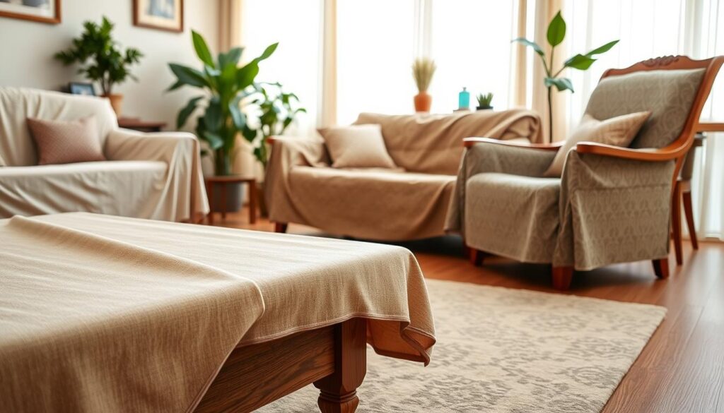 A cozy living room scene featuring various wood furniture pieces, including a coffee table, a sofa, and a dining chair, all draped with stylish, protective covers. In the foreground, a soft, textured fabric cover is partially pulled back from the coffee table, revealing its gleaming wood surface. The middle ground showcases the sofa and dining chair, both adorned with elegant, patterned covers that hint at their rich wood grain underneath. In the background, a warm, diffused sunlight filters through sheer curtains, creating a serene and inviting atmosphere. The room is tastefully decorated with plants and decorative items, reinforcing the theme of furniture protection. The angle is slightly elevated, capturing the essence of indoor comfort while highlighting the importance of covers against dust, spills, and everyday wear.