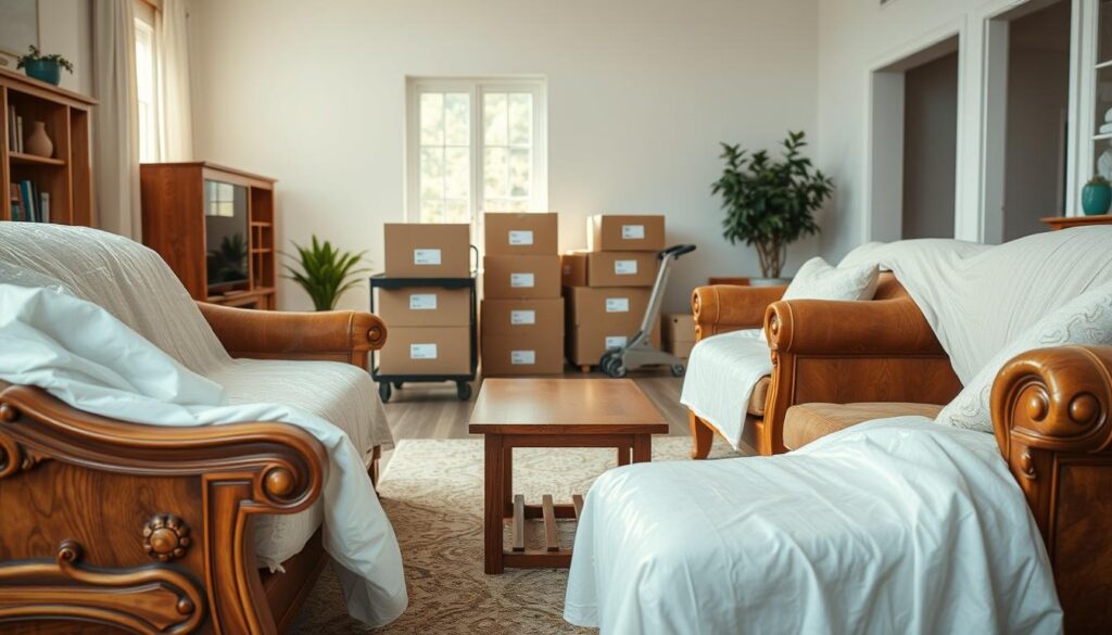 A cozy new home interior showcasing a beautifully arranged living room with wooden furniture wrapped in protective materials for moving. In the foreground, the furniture features rich details, like carved legs and intricate grain patterns, gently covered with moving blankets and bubble wrap. In the middle, a well-organized area showcases boxes labeled for moving, partially loaded onto a cart, suggesting preparation and planning. The background includes light, neutral-colored walls with a large window allowing soft natural light to pour in, creating a warm, welcoming atmosphere. The angle is slightly elevated, giving a full view of the space while keeping focus on the furniture. The mood is calm and organized, reflecting a sense of readiness for the upcoming move.