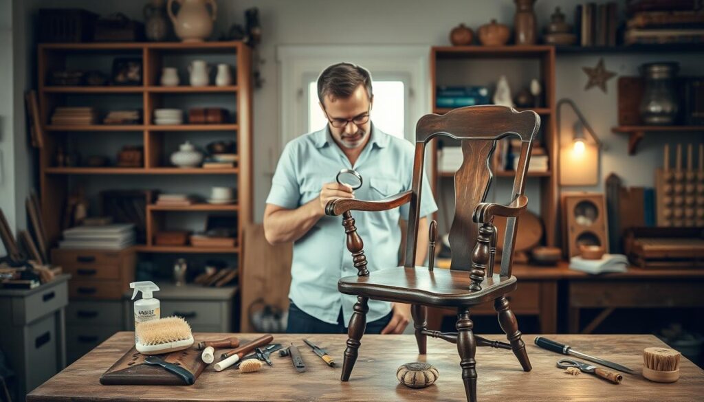 A cozy, well-lit workshop scene in the foreground featuring a carefully restored antique wooden chair on a sturdy workbench. Tools like a soft brush, gentle cleaners, and a magnifying glass are arranged neatly around it, creating a sense of careful preparation. In the middle, a focused individual wearing modest casual clothing examines the chair with a thoughtful expression. In the background, shelves filled with vintage items and restoration books hint at a nurturing atmosphere for antique care. Soft, warm lighting enhances the textures of the wood and tools, casting gentle shadows that evoke a feeling of trust and professionalism. The overall mood is calm and reflective, emphasizing the importance of making informed decisions in home maintenance.