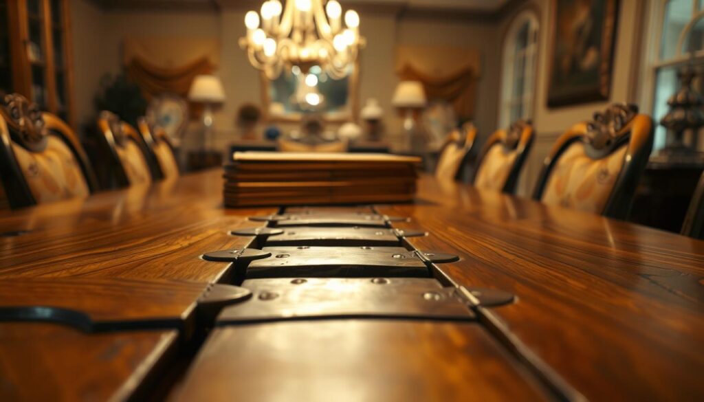 A detailed close-up of an antique dining table track, showcasing its intricate craftsmanship and rich wood grain. In the foreground, highlight the smooth, polished surface of the track with light glinting off the curves and joints, emphasizing the fine details like hand-carved motifs and aged stains. In the middle ground, include a stack of various antique leaves, some fully extended and others neatly folded, illustrating the versatility of the table. The background should softly blur, featuring a tastefully decorated dining room with warm, inviting lighting from a chandelier above, casting gentle shadows and enhancing the atmosphere of elegance and history. Capture this scene with a shallow depth of field, using a lens that brings focus to the table track while maintaining a cozy, nostalgic mood.
