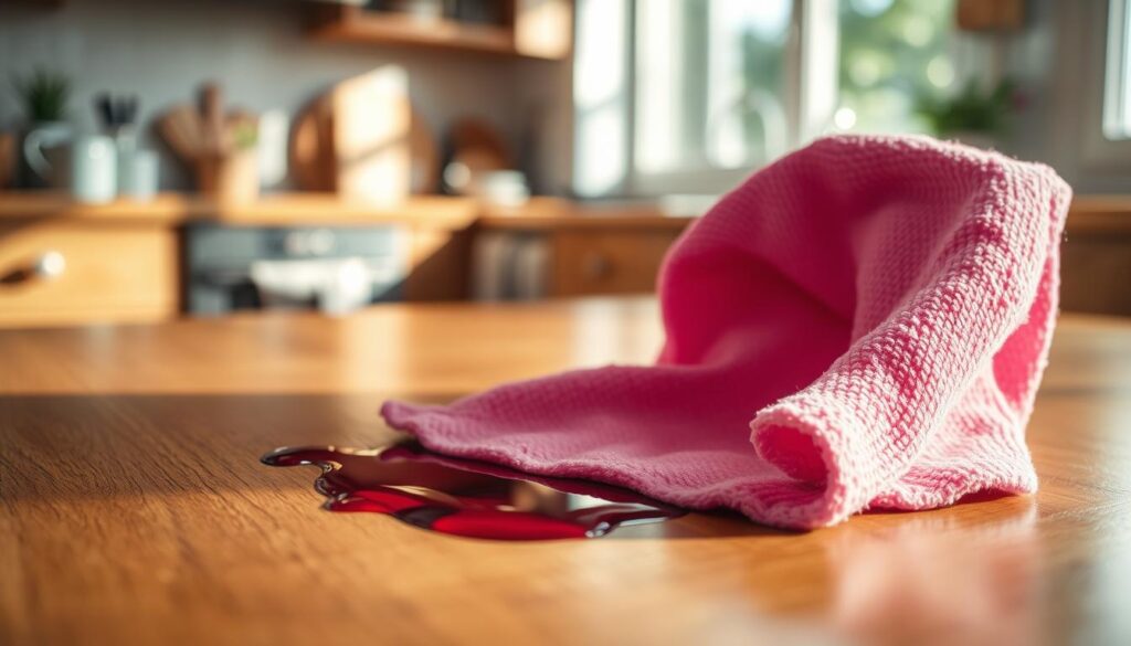 A microfiber dry cloth draped elegantly over a smooth, polished wooden table, glistening with a hint of moisture. In the foreground, the cloth features vibrant textures with fine fibers catching soft light, emphasizing its cleaning capabilities. The middle layer shows a small red wine spill adjacent to the cloth, with droplets glistening under natural sunlight streaming in from a nearby window, casting delicate shadows. The background consists of a cozy, warmly lit kitchen setting, subtly blurred to keep the focus on the cloth and the spill. The atmosphere is urgent yet calm, suggesting the importance of quick action in cleaning up spills. Shot with a shallow depth of field, the image conveys a sense of immediacy and effectiveness in spill cleanup.