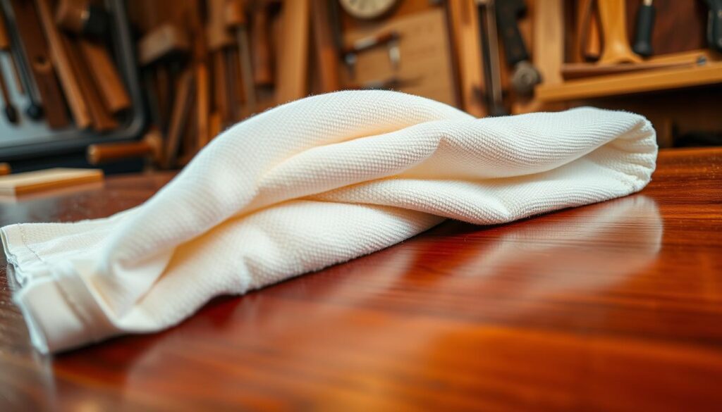 A neatly folded, lint-free cloth, glistening softly under warm, natural light, is placed on a polished wooden surface. The foreground highlights the texture and detail of the cloth, emphasizing its softness and absorbency, ideal for buffing. In the middle ground, a beautifully finished piece of wood furniture, perhaps a classic mahogany table, showcases its rich, shiny surface, reflecting some light off its elegant curves. The background is softly blurred, featuring a cozy, well-lit workshop filled with woodworking tools and wood grains, enhancing the atmosphere of craftsmanship. The overall mood is serene and inviting, evoking a sense of preparation and readiness for the task ahead. The composition is shot from a slightly elevated angle, ensuring clarity and focus on the cloth and furniture interaction.
