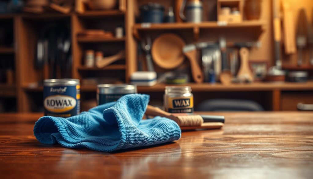 A neatly folded, vibrant blue microfiber towel is positioned prominently in the foreground, showcasing its soft texture and fine fibers. The towel is lightly draped over a polished wooden surface to highlight its use in furniture restoration. In the middle ground, a few essential waxing tools such as a can of wax, a brush, and an applicator are artistically arranged, hinting at a professional setup. The background features a warm, softly illuminated workshop scene with blurred shelves of neatly organized tools, enhancing the atmosphere of a dedicated craftsman’s space. The overall lighting is warm and inviting, creating a cozy, professional mood, while the focus is sharp on the towel and tools, blurring slightly towards the background to draw attention to the subject.