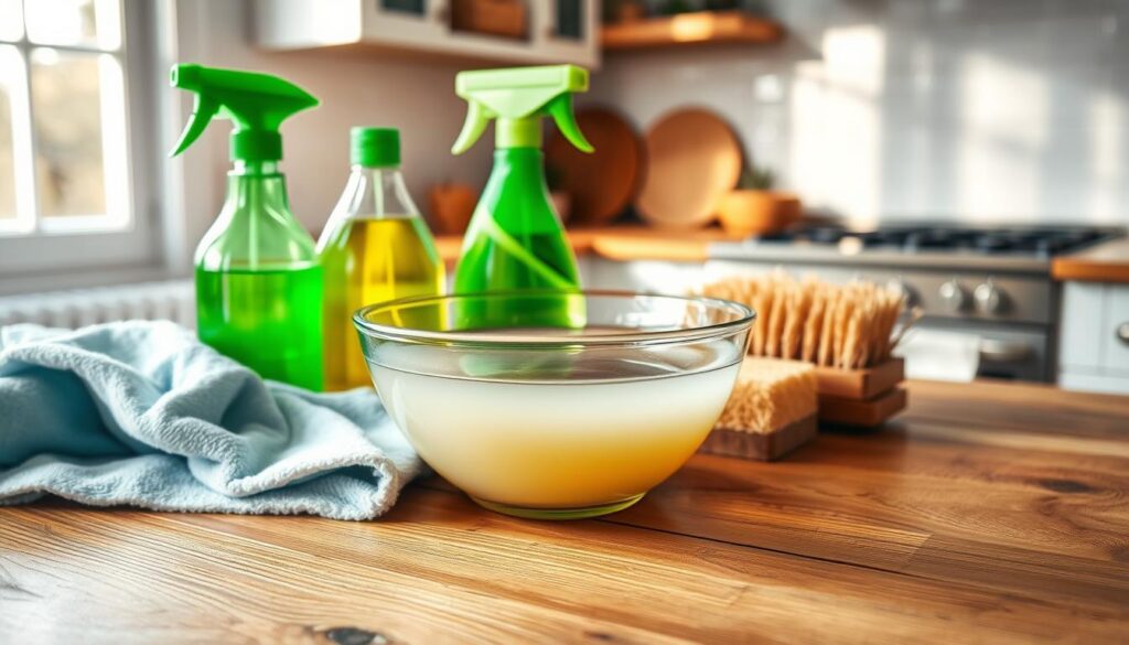 A serene and inviting scene showcasing warm water in a clear bowl resting on a wooden surface, surrounded by various cleaning supplies. In the foreground, vibrant green cleaning cloths and eco-friendly bottles with spray tops are neatly arranged beside the bowl. In the middle ground, a soft sponge and a rustic wooden scrubbing brush add texture and warmth. The background features a softly lit kitchen space, infused with natural light streaming through a window, creating a cozy atmosphere. The wooden surface exhibits subtle signs of wear, hinting at its history. The overall mood is clean, bright, and hopeful, suggesting preparation for revitalizing old wood surfaces. Focus on crystal-clear clarity with a warm color palette and gentle shadows.