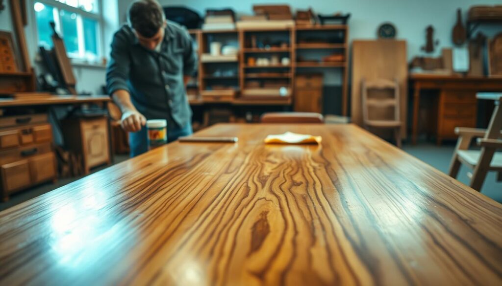 A well-crafted wooden table surface, gleaming with a fresh coat of wax, captures the light beautifully. In the foreground, a professional furniture restorer in modest casual attire carefully buffs the surface with a soft cloth, showcasing their technique. The middle ground features neatly arranged wax and applicator tools, adding an organized yet inviting aspect to the scene. In the background, a well-lit workshop filled with woodworking tools and shelves of polished furniture creates a warm atmosphere. Soft, diffused natural light streams through a nearby window, casting gentle shadows and enhancing the richness of the wood grain. The overall mood is one of diligence and craftsmanship, reflecting a serene and expert approach to furniture restoration.