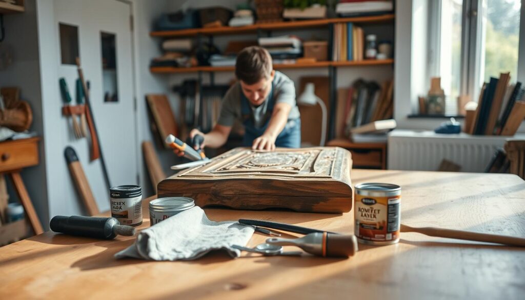 A well-lit home workshop scene focused on a wooden table in the foreground, where a person in casual attire is carefully restoring an antique piece of furniture. The individual is using basic tools like sandpaper and wood stain, demonstrating low-risk home maintenance skills. In the middle ground, display neatly organized tools and materials including a paintbrush, drop cloth, and a can of varnish. The background features shelves stocked with various tools and home improvement books, creating an inviting atmosphere. Soft, natural lighting filters in through a nearby window, casting gentle shadows. The overall mood is calm and productive, inspiring confidence in DIY home fixes without specialized expertise.
