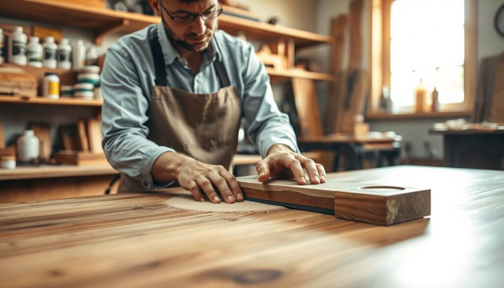 A well-lit workshop scene focusing on a wooden table surface being prepped for finishing. In the foreground, a skilled artisan, dressed in a simple, professional shirt and apron, is meticulously sanding a section of the table with fine-grit sandpaper. The artisan's hands are steady, showcasing attention to detail. In the middle ground, various tools like a sanding block, lint-free cloth, and a small container of polish are arranged neatly. The background features shelves filled with wood finishing products and a warm, inviting light filtering through a nearby window, casting soft shadows. The overall atmosphere is one of craftsmanship and care, emphasizing the importance of surface preparation for achieving a high-gloss shine.
