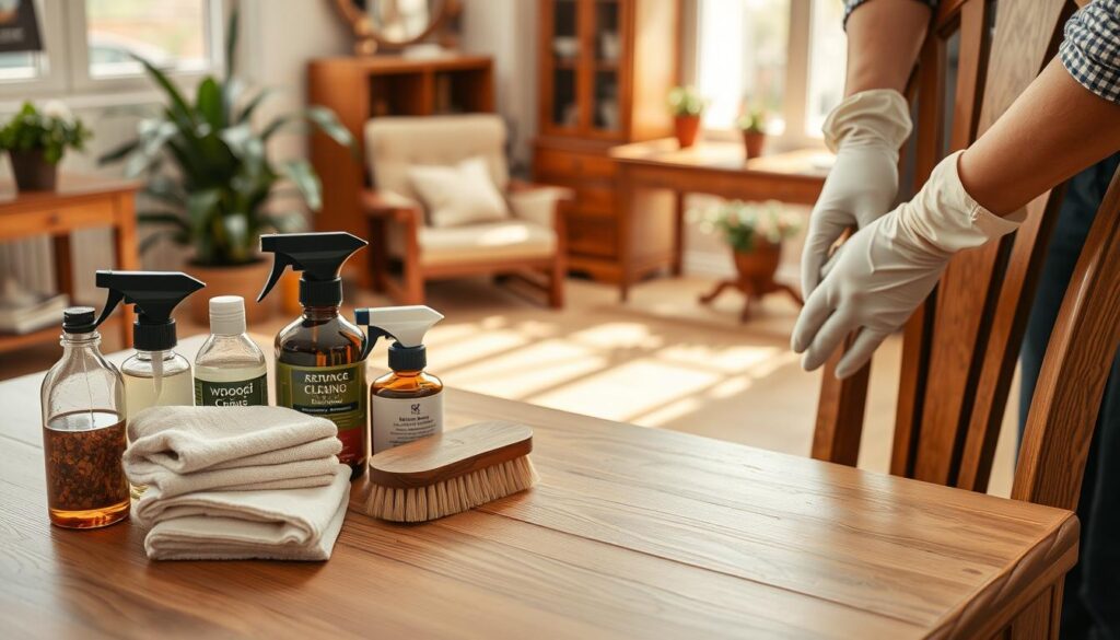 A well-organized wood furniture cleaning kit displayed on a wooden table, featuring various cleaning tools like microfiber cloths, wood polish, brush, and a spray bottle, meticulously arranged for easy access. In the foreground, a pair of professional hands, wearing modest attire and latex gloves, are in the process of polishing a beautiful wooden chair. The middle ground shows a bright, sunlit room with a tastefully decorated background of elegant wood furniture and plants, creating a warm, inviting atmosphere. The soft natural light streams in through a window, highlighting the richness of the wood grain. The overall mood is one of care and professionalism, emphasizing the importance of using dedicated tools for maintaining the beauty and longevity of wooden furniture.