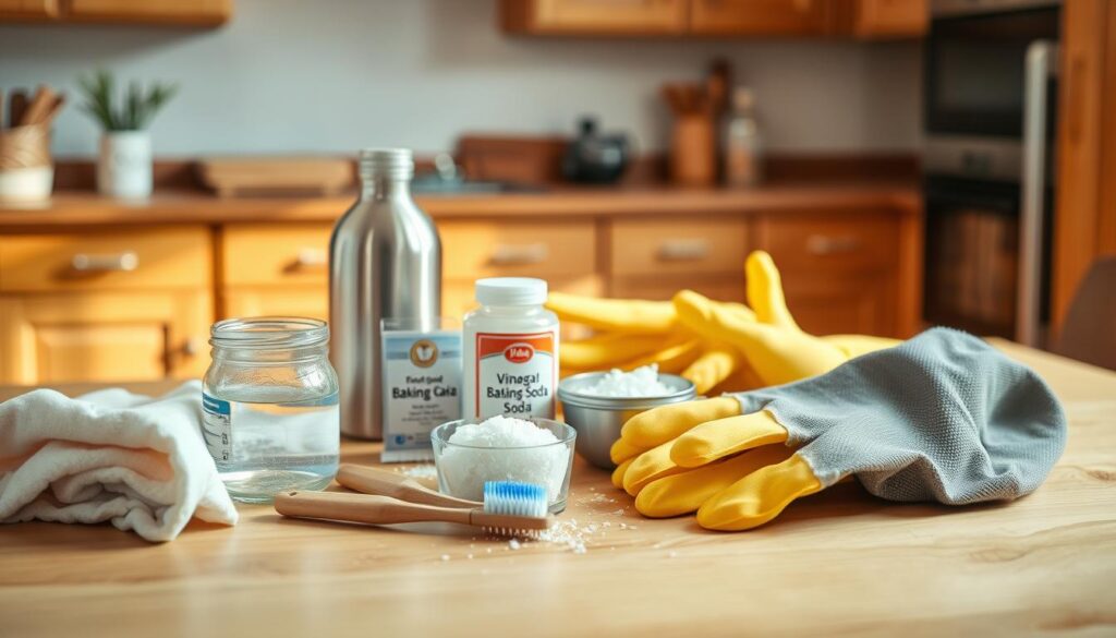 A well-organized workspace featuring a variety of tools and materials essential for cleaning metal knobs and hinges. In the foreground, showcase a clean wooden table with items like a soft cloth, a small jar of vinegar, baking soda, a toothbrush, and a pair of rubber gloves neatly arranged. In the middle ground, include a metallic spray bottle and a sponge, hinting at their use for scrubbing. The background should softly blur a well-lit kitchen setting, with wooden cabinets to emphasize the theme of wood care. Ensure warm, natural lighting to create a welcoming atmosphere, and use a slightly top-down angle to encapsulate the tools effectively without clutter. The overall mood should inspire a sense of organization and readiness for a cleaning task.
