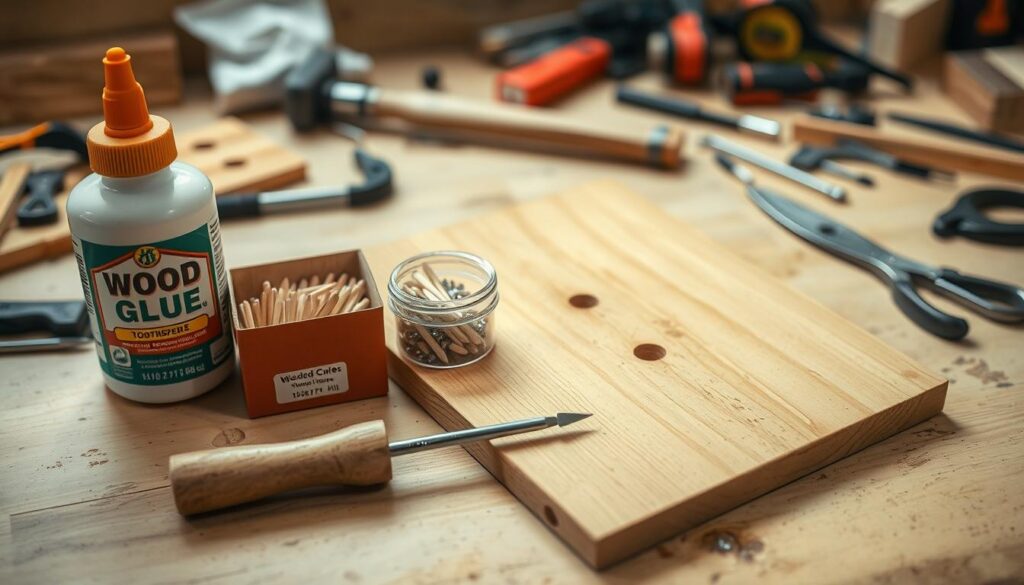 A well-organized workspace set for a woodworking project, focusing on tools and materials needed to fix stripped screw holes. In the foreground, prominently display a bottle of wood glue, a box of wooden toothpicks, and a small, clearly labeled container for screws. A screwdriver lies beside them, catching natural light. In the middle, a smooth piece of wood with visible holes that need repair is positioned, showing marks where screws have been removed. The background features a workbench cluttered with additional tools—such as a hammer, pliers, and a tape measure—emphasizing a hands-on, creative atmosphere. Soft, diffused lighting illuminates the scene, creating a warm, inviting mood suitable for DIY enthusiasts. The image captures the essence of tool preparation, focusing on a practical and meticulous approach to woodworking.